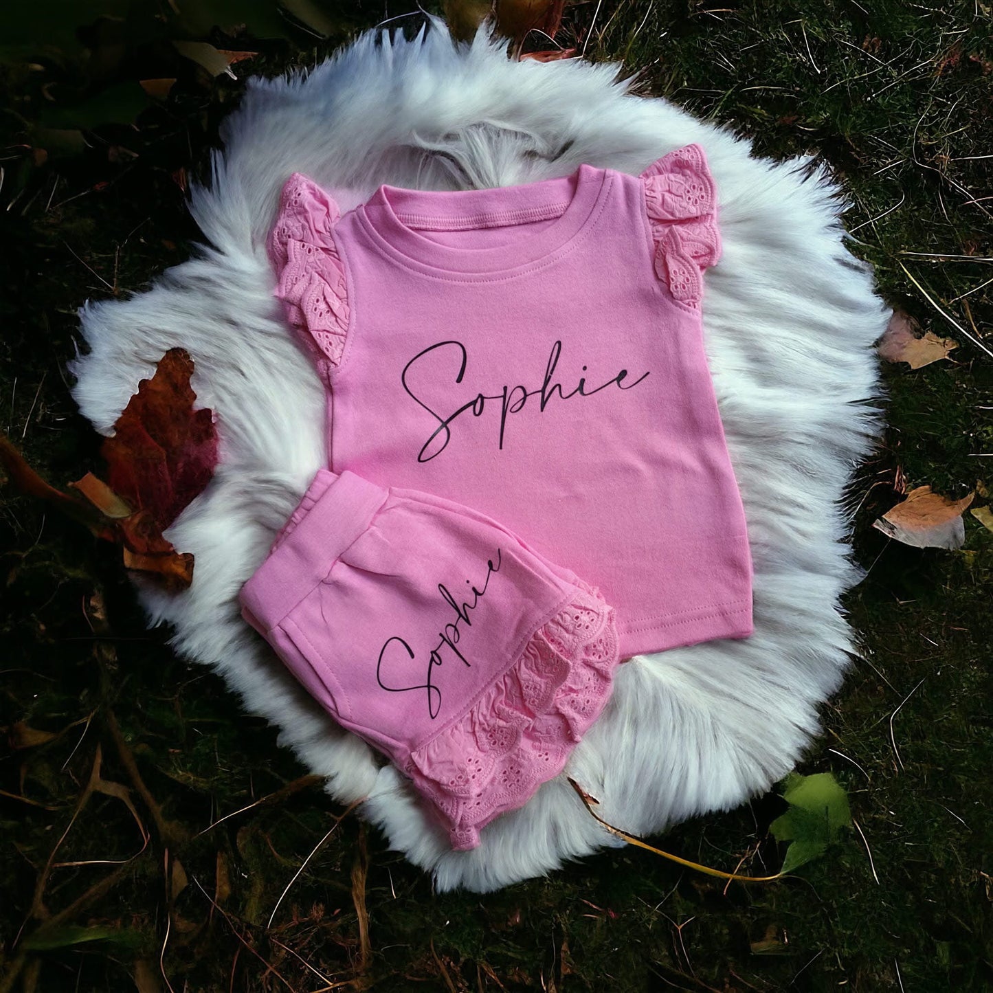 Pink frilled personalised shorts set