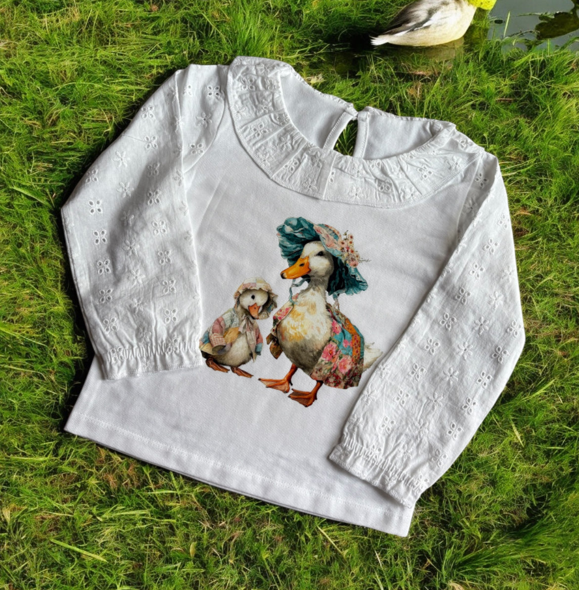 Patchwork puddle duck long sleeved frilled T shirt