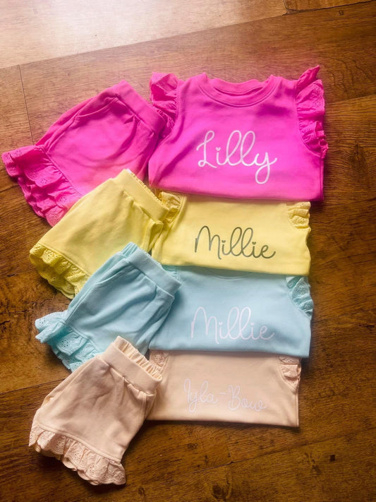 Heart text personalised frilled shorts set
