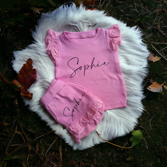 Pink frilled personalised shorts set