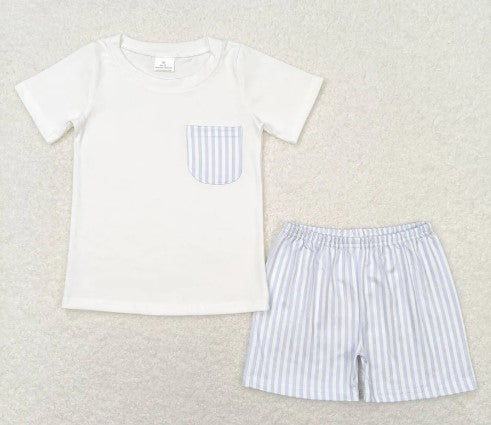 Blue & White Stripe Shorts Set
