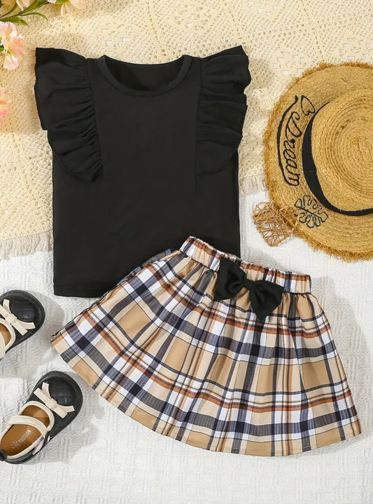 Tartan skirt & frilled T shirt set