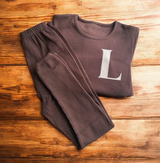 Chocolate brown embroidery effect letter loungeset