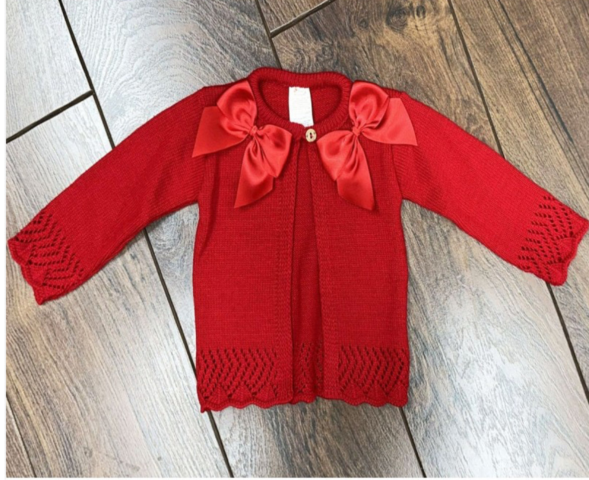 Knitted embroidered (name on back) red bow cardigans