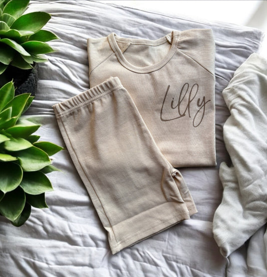 Personalised neutral ribbed shorts set