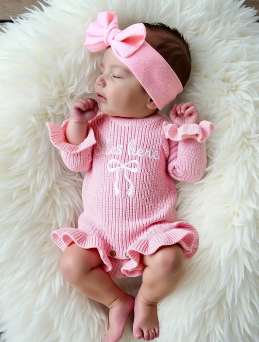 NEWBORN - knitted embroidered “she’s here” set