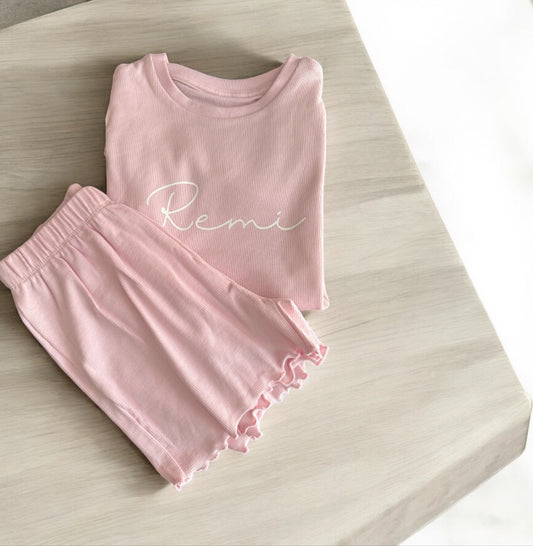 Personalised baby pink ribbed shorts set