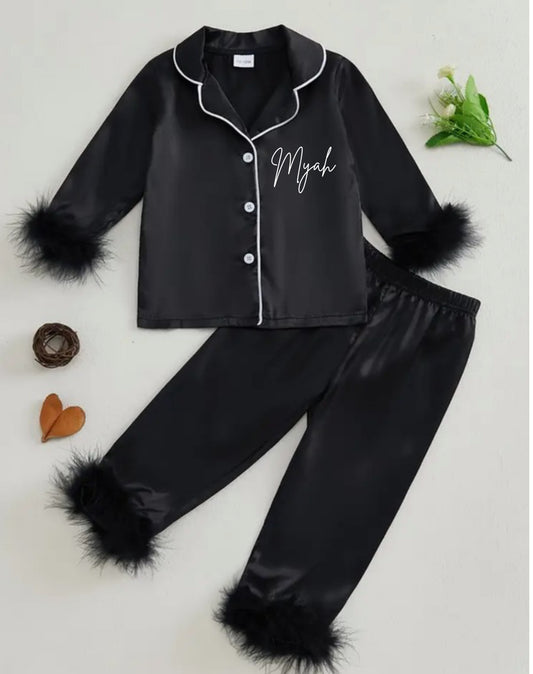 Black satin fluffy personalised pyjamas