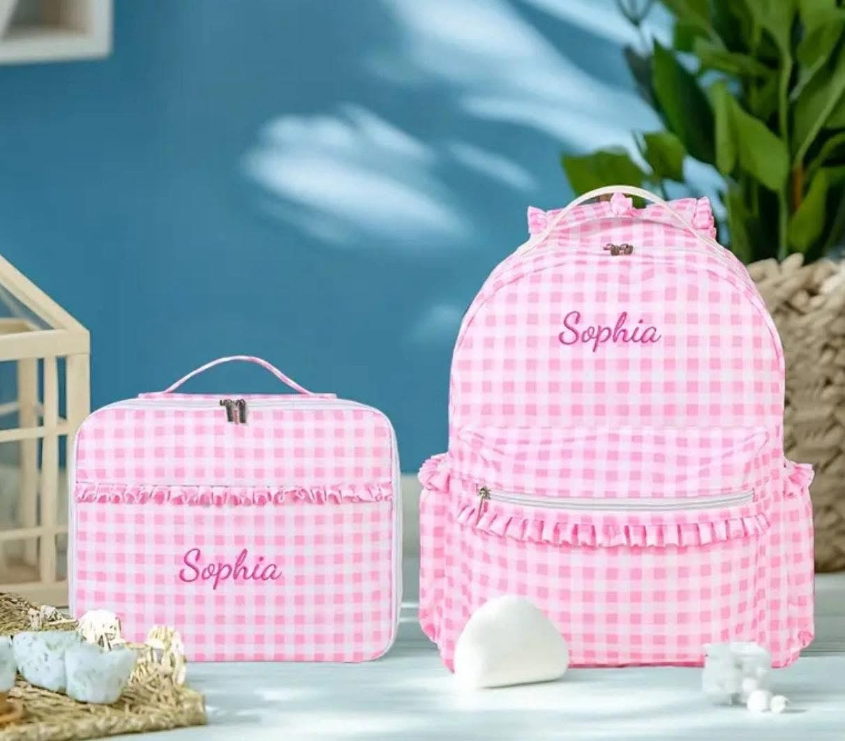 EMBROIDERED GINGHAM BACKPACK