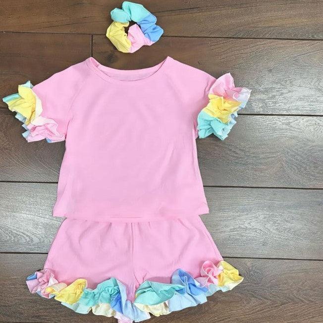 FRILLED PINK SHORT SET AND HAIRBAND SET